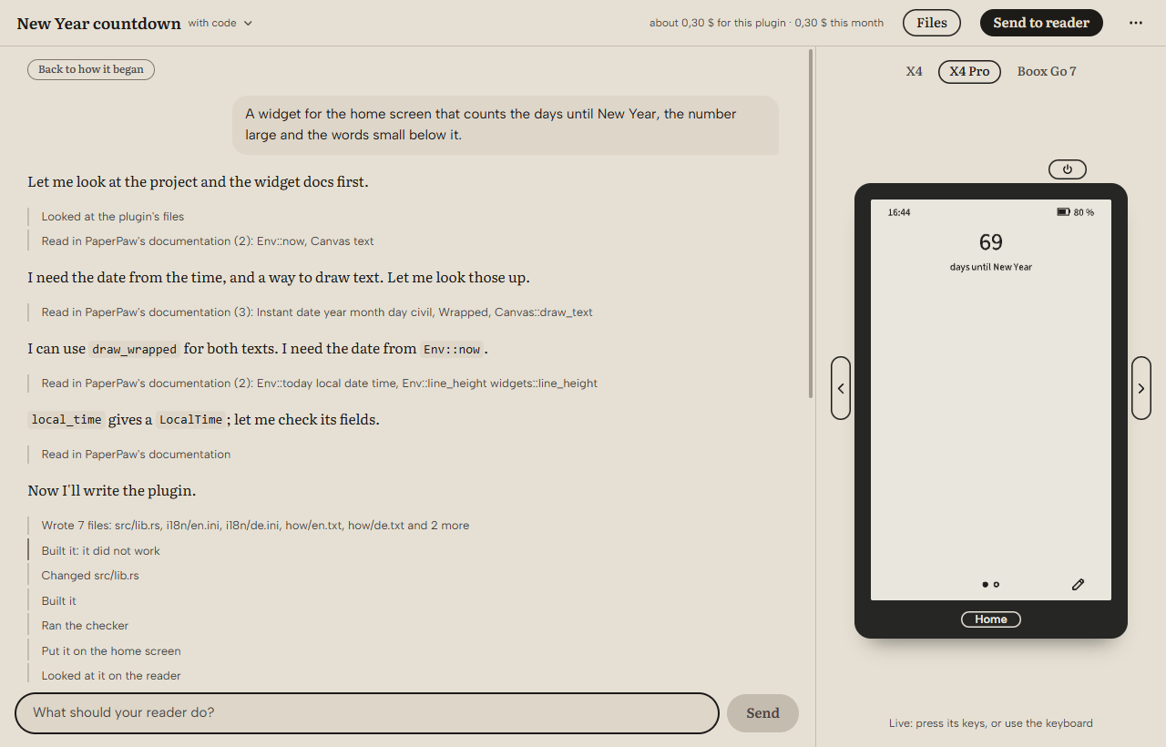 The workshop's window: on the left the conversation about a widget that counts the days until New Year, on the right an emulated X4 Pro showing that widget.